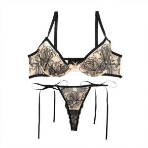 DRW Reinest ソフトフラワーエンブロイダリーブラジャーサイド紐バック透けTバックショーツ