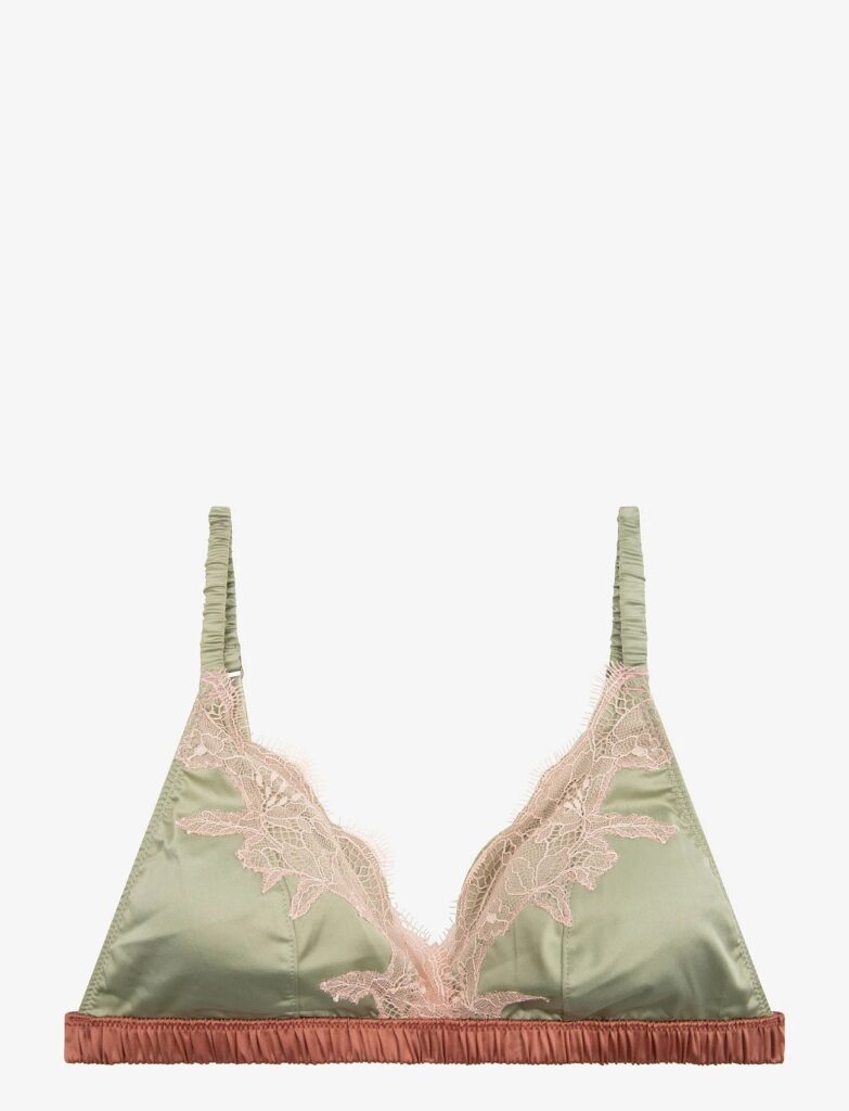 Love stories BEAU LACE TRIMMED SILK BLEND SATIN SOFT CUP TRIANGLE BRA IN GREEN